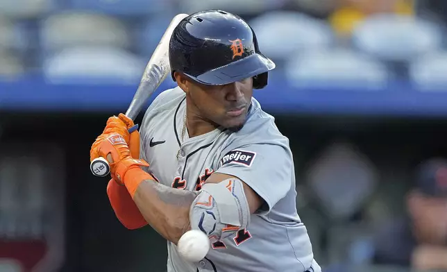 Detroit Tigers' Andy Ibanez is hit by a pitch thrown by Kansas City Royals starting pitcher Cole Ragans during the first inning of a baseball game Tuesday, Sept. 17, 2024, in Kansas City, Mo. (AP Photo/Charlie Riedel)