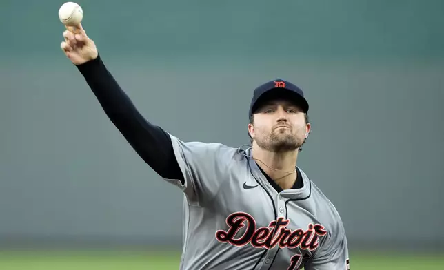 Detroit Tigers starting pitcher Casey Mize throws during the first inning of a baseball game against the Kansas City Royals Tuesday, Sept. 17, 2024, in Kansas City, Mo. (AP Photo/Charlie Riedel)