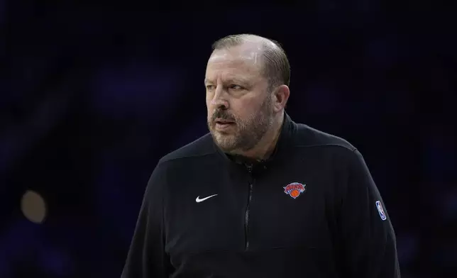 FILE - New York Knicks' Tom Thibodeau coaches play during Game 4 in an NBA basketball first-round playoff series, April 28, 2024, in Philadelphia. (AP Photo/Matt Slocum, File)