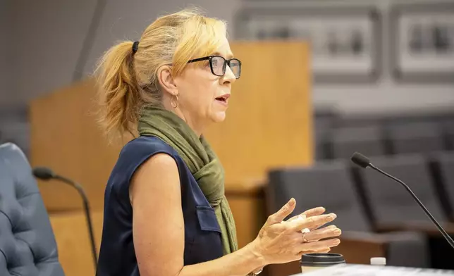 Amber Bay, Former OceanGate Director of Administration answers questions at the Titan marine board of investigation hearing inside the Charleston County Council Chambers Tuesday, Sept. 24, 2024, in North Charleston, S.C. (Corey Connor via AP, Pool)