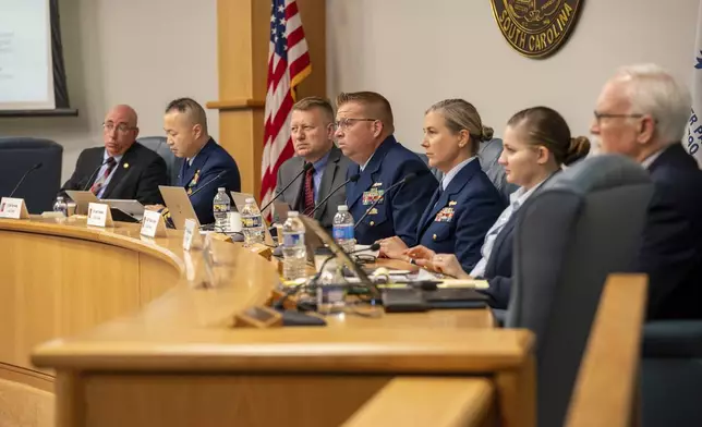 The Titan Marine Board listens to testimony from Amber Bay, Former OceanGate Director of Administration at the Titan marine board of investigation hearing inside the Charleston County Council Chambers Tuesday, Sept. 24, 2024, in North Charleston, S.C. (Corey Connor via AP, Pool)