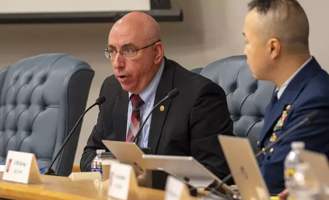 Marcel Muise, NTSB questions Amber Bay, Former OceanGate Director of Administration at the Titan marine board of investigation hearing inside the Charleston County Council Chambers Tuesday, Sept. 24, 2024, in North Charleston, S.C. (Corey Connor via AP, Pool)