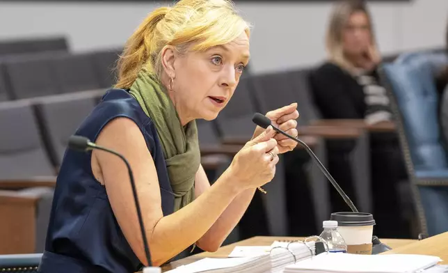 Amber Bay, Former OceanGate Director of Administration answers questions about torquing a fastener at the Titan marine board of investigation hearing inside the Charleston County Council Chambers Tuesday, Sept. 24, 2024, in North Charleston, S.C. (Corey Connor via AP, Pool)