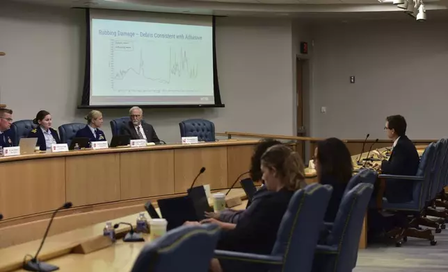 Don Kramer, National Transportation Safety Board engineer, right, testifies Wednesday, Sept. 25, 2024, at the U.S. Coast Guard Marine Board of Investigation hearing into the June 2023 loss of the Titan submersible, in North Charleston, S.C. (Petty Officer 2nd Class Kate Kilroy/U.S. Coast Guard via AP, Pool)