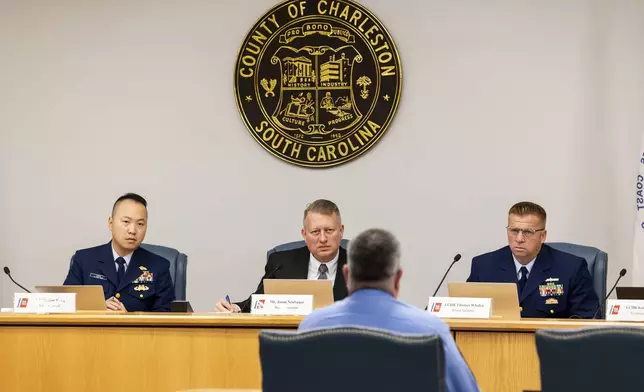 Jason Neubauer, seated in middle, board chairman, questions Matthew McCoy, a former OceanGate employee, during the final day of the Coast Guard investigatory hearing on the causes of the implosion of an experimental submersible headed for the wreck of the Titanic, Friday, Sept. 27, 2024, in North Charleston, S.C. (AP Photo/Mic Smith)