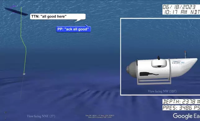 In a still from from a video animation provided by the United States Coast Guard an illustration of the Titan submersible, right, is shown near the ocean floor of the Atlantic Ocean, as June 18, 2023 communications between the submersible and the support vessel Polar Prince, not shown, are represented at left. (United States Coast Guard via AP)