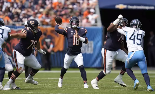 Chicago Bears quarterback Caleb Williams passes during the first half of an NFL football game against the Tennessee Titans on Sunday, Sept. 8, 2024, in Chicago. (AP Photo/Erin Hooley)