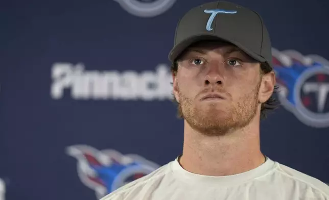 Tennessee Titans quarterback Will Levis meets with reporters after his team's 24-17 loss to the Chicago Bears in an NFL football game Sunday, Sept. 8, 2024, in Chicago. (AP Photo/Erin Hooley)