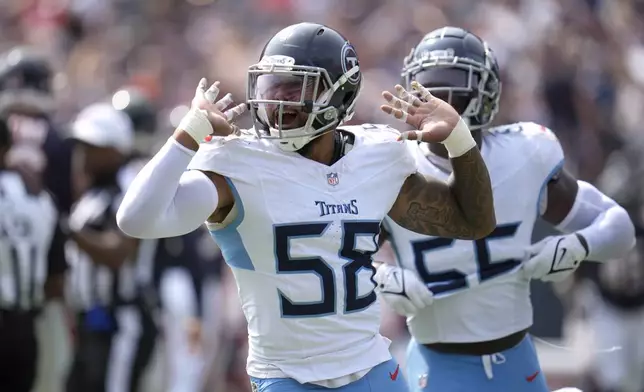 Tennessee Titans linebacker Harold Landry III celebrates his sack of Chicago Bears quarterback Caleb Williams during the second half of an NFL football game Sunday, Sept. 8, 2024, in Chicago. (AP Photo/Erin Hooley)