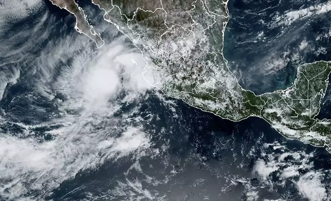 This Sept. 12, 2024 satellite image provided by the National Oceanic and Atmospheric Administration shows Tropical Storm Ileana which has formed off the Pacific coast of Mexico. (NOAA via AP)