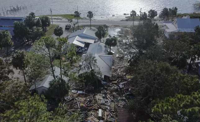 Destruction to the Faraway Inn Cottages and Motel is seen in the aftermath of Hurricane Helene, in Cedar Key, Fla., Friday, Sept. 27, 2024. (AP Photo/Stephen Smith)