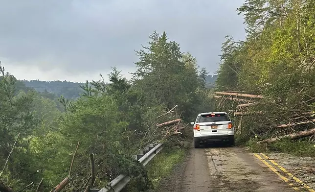 Rescue workers from the Pamlico County rescue team are shown working in the aftermath of Helene the area of Chimney Rock, N.C., Saturday, Sept. 28, 2024. (Pamlico County Special Operations via AP)