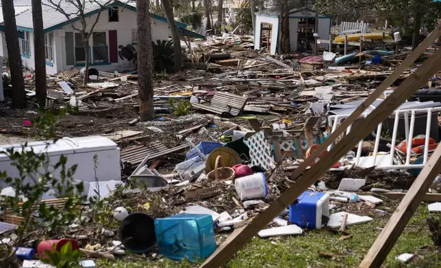 Destruction to the Faraway Inn Cottages and Motel is seen in the aftermath of Hurricane Helene, in Cedar Key, Fla., Friday, Sept. 27, 2024. (AP Photo/Gerald Herbert)