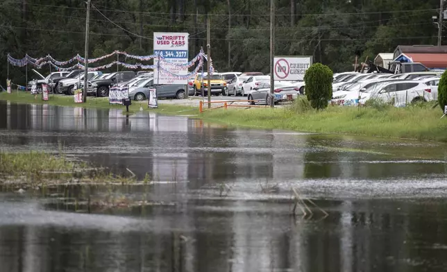 Flooding along Whitney Street in the Shoreline Park neighborhood in Hancock County, Miss., after Hurricane Francine on Thursday, Sept. 12, 2024. (Hannah Ruhoff/The Sun Herald via AP)