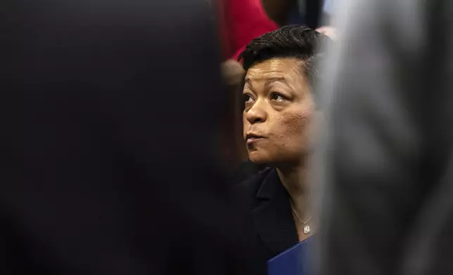 New Orleans Mayor LaToya Cantrell listens during a meeting after Hurricane Francine at New Orleans International Airport, Friday, Sept. 13, 2024, in Kenner, La. (Hilary Scheinuk/The Advocate via AP, Pool)