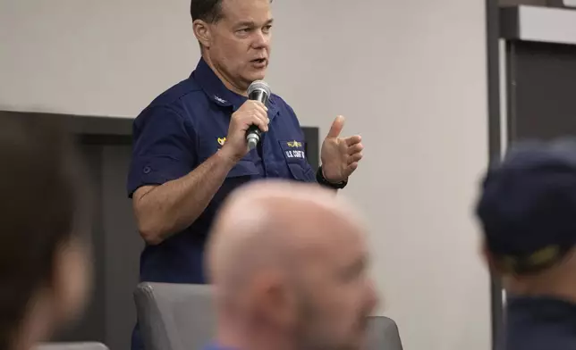 USCG Captain Jason Franz, captain of the Port of Houma, Morgan City and Lafayette, speaks during a meeting at the Morgan City EOC, Friday, Sept. 13, 2024. (Hilary Scheinuk/Pool Photo/The Advocate via AP, Pool)