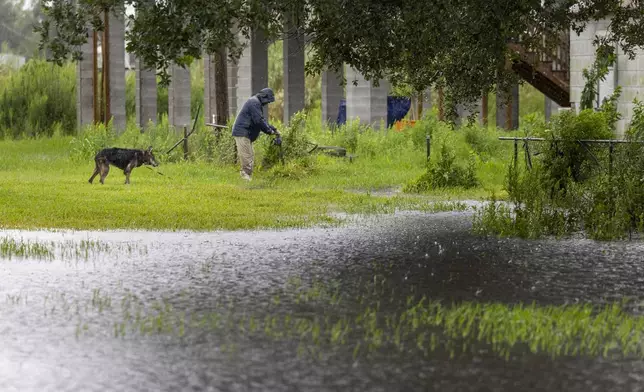 A resident of Dulac walks his dog around rising water as the outer edges of Hurricane Francine arrive along the Louisiana coast on Wednesday, Sept.11, 2024. (Chris Granger/The New Orleans Advocate via AP)