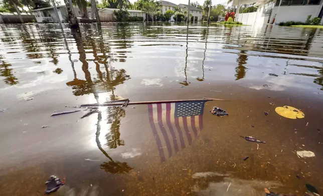 An American flag sits in the floodwaters from Hurricane Helene in the Shore Acres neighborhood Friday, Sept. 27, 2024, in St. Petersburg, Fla. (AP Photo/Mike Carlson)