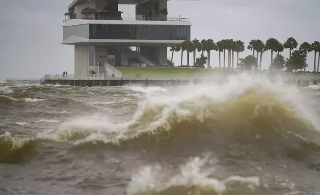 The St. Pete Pier is pictured among high winds and waves as Hurricane Helene makes its way toward the Florida panhandle, passing west of Tampa Bay, Thursday, Sept. 26, 2024 in St. Petersburg, Fla. (Martha Asencio-Rhine/Tampa Bay Times via AP)