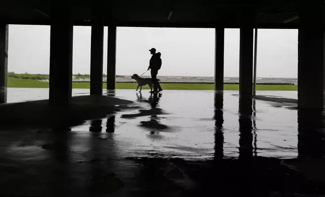 Seth Tartaglia and his dog Magnolia Jane check out the waves and winds in Frenier Landing, La., ahead of Hurricane Francine, Wednesday, Sept. 11, 2024. (David Grunfeld/The Times-Picayune/The New Orleans Advocate via AP)