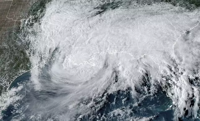 This GOES-16 GeoColor satellite image taken at 4:01 p.m. EDT and provided by National Oceanic and Atmospheric Administration (NOAA) shows Hurricane Francine as it approaches landfall over Louisiana, Wednesday, Sept. 11, 2024. (NOAA via AP)