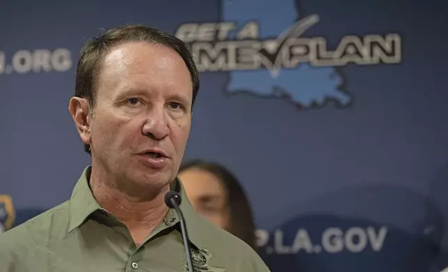 Louisiana Gov. Jeff Landry speaks Wednesday, Sept. 11, 2024, in Baton Rouge, La., as the state of Louisiana prepares for Hurricane Francine's arrival. (Hilary Scheinuk/The Advocate via AP)