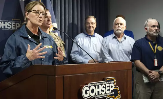 FEMA Administrator Deanne Criswell speaks during a news conference, Thursday, Sept. 12, 2024, in Baton Rouge, La., regarding the impact of Hurricane Francine on the state of Louisiana. (Hilary Scheinuk/The Advocate via AP)