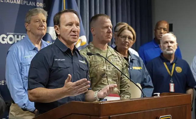 Louisiana Gov. Jeff Landry speaks during a news conference, Thursday, Sept. 12, 2024, in Baton Rouge, La., regarding the impact of Hurricane Francine on the state of Louisiana. (Hilary Scheinuk/The Advocate via AP)