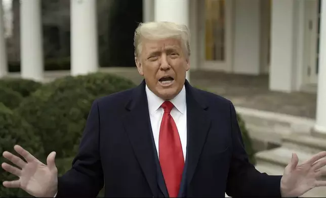 FILE - This exhibit from video released by the House Select Committee, shows President Donald Trump recording a video statement on the afternoon of Jan. 6, 2021, from the Rose Garden, displayed at a hearing by the House select committee investigating the Jan. 6 attack on the U.S. Capitol. (House Select Committee via AP, File)