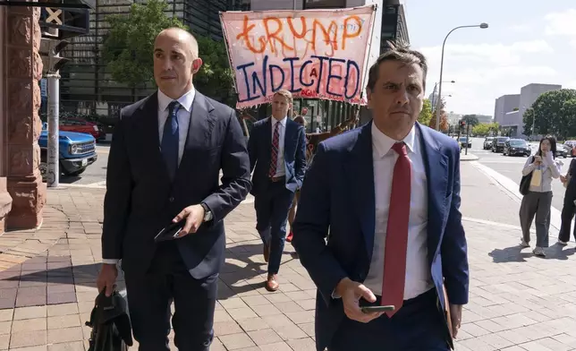 Former President Donald Trump attorneys Emil Bove, left, and Todd Blanche leave the U.S. Federal Courthouse, after a hearing, Thursday, Sep. 5, 2024, in Washington. A judge is hearing arguments about potential next steps in the federal election subversion prosecution of Donald Trump in the first hearing since the Supreme Court narrowed the case by ruling that former presidents are entitled to broad immunity from criminal charges. (AP Photo/Jose Luis Magana)