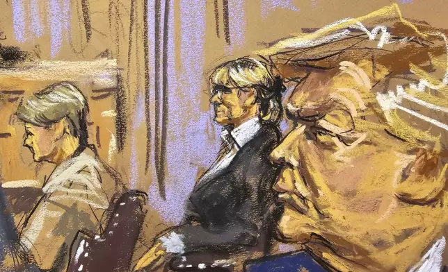 President Donald Trump, right, and E. Jean Carroll, second from right, listen during arguments by the defense in Manhattan federal court, Friday, Sept. 6, 2024, in New York. (Jane Rosenberg via AP)