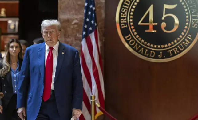 Republican presidential nominee former President Donald Trump arrives for a news conference held at Trump Tower, Friday, Sept., 6, 2024, in New York. (AP Photo/Stefan Jeremiah)