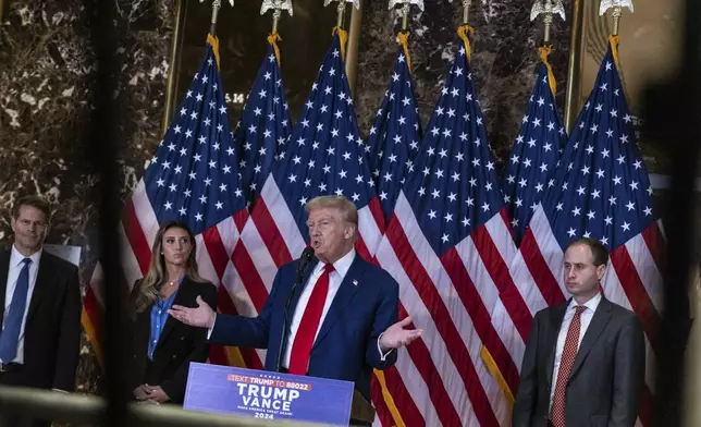 Republican presidential nominee former President Donald Trump speaks during a news conference held at Trump Tower, Friday, Sept., 6, 2024 in New York. (AP Photo/Stefan Jeremiah)