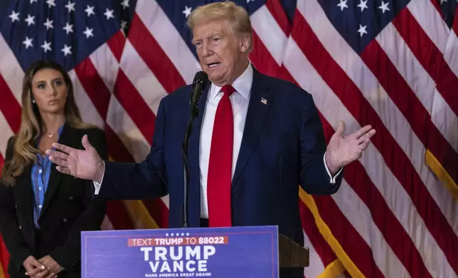 Republican presidential nominee former President Donald Trump speaks during a news conference held at Trump Tower, Friday, Sept., 6, 2024, in New York. (AP Photo/Stefan Jeremiah)