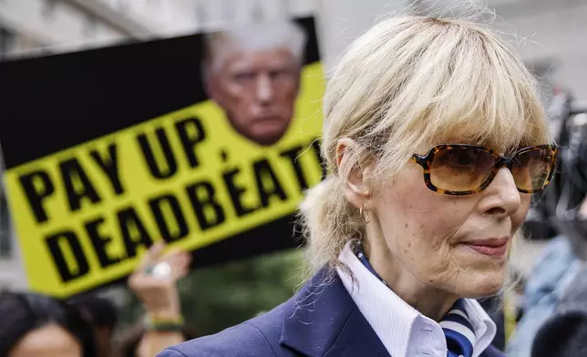 E. Jean Carroll exits the New York Federal Court after former President Donald Trump appeared in court, Friday, Sept. 6, 2024, in New York. (AP Photo/Eduardo Munoz Alvarez)