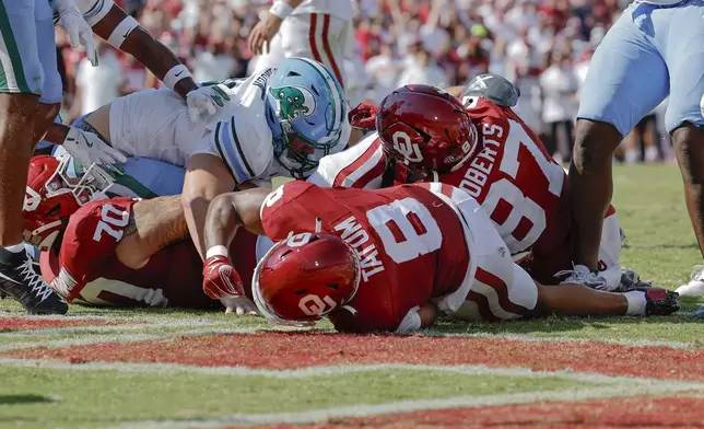 Oklahoma running back Taylor Tatum (8) dives in for a touchdown against Tulane during the second quarter of an NCAA college football game, Saturday, Sept. 14, 2024, in Norman, Okla. (AP Photo/Alonzo Adams)