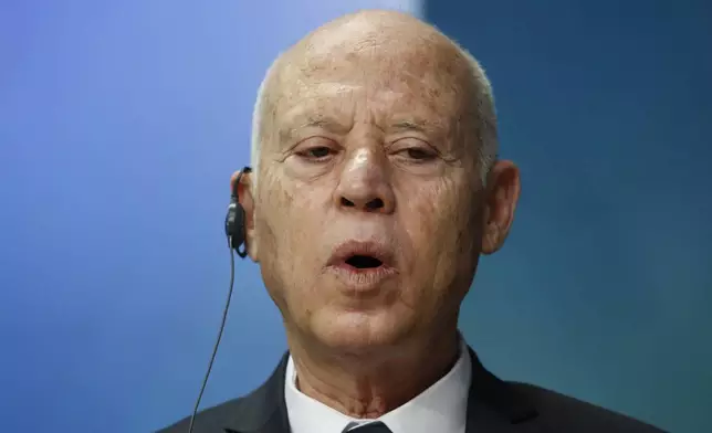 FILE - Tunisia's President Kais Saied speaks during a media conference at an EU Africa summit in Brussels, Friday, Feb. 18, 2022. (Johanna Geron, Pool Photo via AP, File)