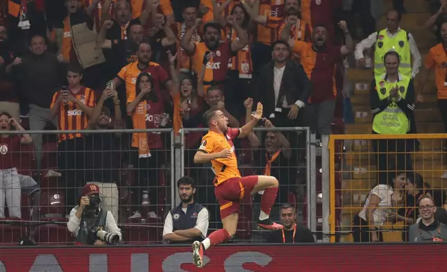 Galatasaray's Yunus Akgun, celebrates a goal during the Europa League opening phase soccer match between Galatasaray and PAOK at the Ali Sami Yen stadium in Istanbul, Turkey, Wednesday, Sept. 25, 2024. (AP Photo)