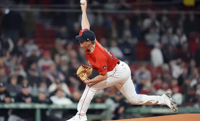 Boston Red Sox starting pitcher Richard Fitts throws against the Minnesota Twins during the first inning of a baseball game, Friday, Sept. 20, 2024, in Boston. (AP Photo/Michael Dwyer)