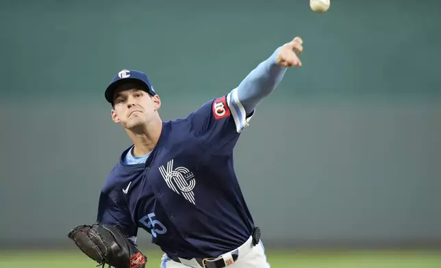 Kansas City Royals starting pitcher Cole Ragans throws during the first inning of a baseball game against the Minnesota Twins Friday, Sept. 6, 2024, in Kansas City, Mo. (AP Photo/Charlie Riedel)