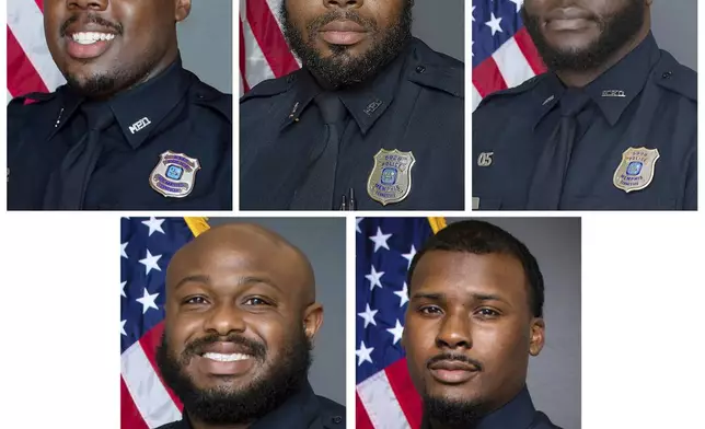 FILE - This combo of images provided by the Memphis, Tenn., Police Department shows, top row from left, officers Tadarrius Bean, Demetrius Haley, Emmitt Martin III, and bottom row from left, Desmond Mills Jr. and Justin Smith. (Memphis Police Department via AP, File)