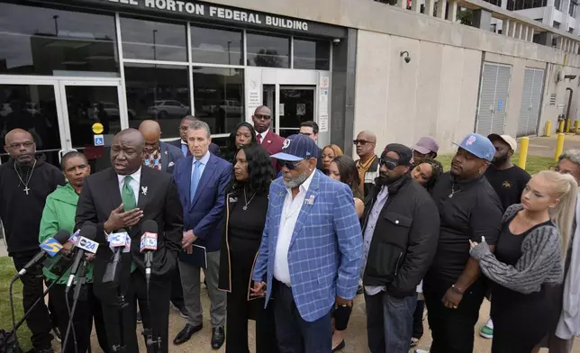 Attorney Ben Crump, third from left, speaks during a news conference the federal courthouse during the trial in the Tyre Nichols case Wednesday, Sept. 25, 2024, in Memphis, Tenn. (AP Photo/George Walker IV)