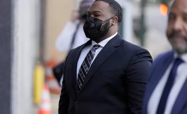 Former Memphis police officer Demetrius Haley arrives at the federal courthouse before the start of jury selection of the trial in the Tyre Nichols case Monday, Sept. 9, 2024, in Memphis. (AP Photo/George Walker IV)