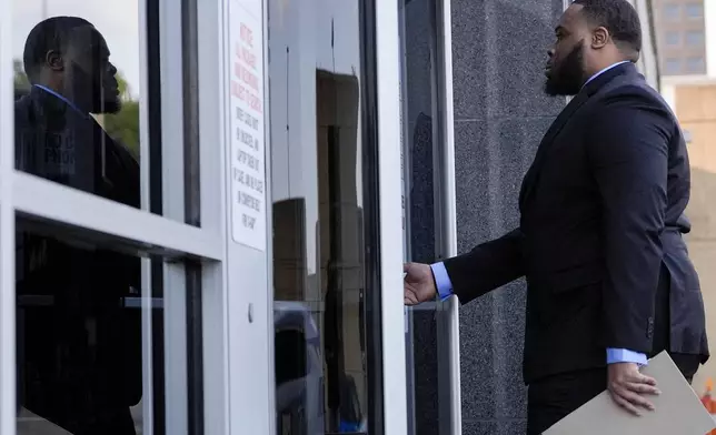 Former Memphis police officer Demetrius Haley arrives at the federal courthouse for the second day of jury selection for the trial in the Tyre Nichols case Tuesday, Sept. 10, 2024, in Memphis, Tenn. (AP Photo/George Walker IV)