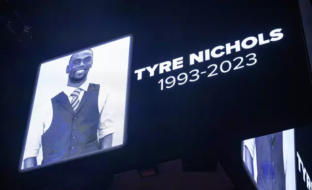 FILE - The screen at the Smoothie King Center in New Orleans honors Tyre Nichols before an NBA basketball game between the New Orleans Pelicans and the Washington Wizards, Jan. 28, 2023. (AP Photo/Matthew Hinton, File)