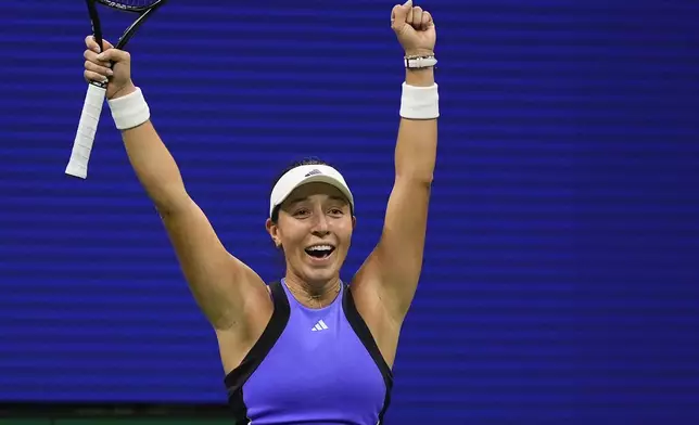 Jessica Pegula, of the United States, reacts after defeating Karolina Muchova, of the Czech Republic, during the women's singles semifinals of the U.S. Open tennis championships, Thursday, Sept. 5, 2024, in New York. (AP Photo/Julia Nikhinson)