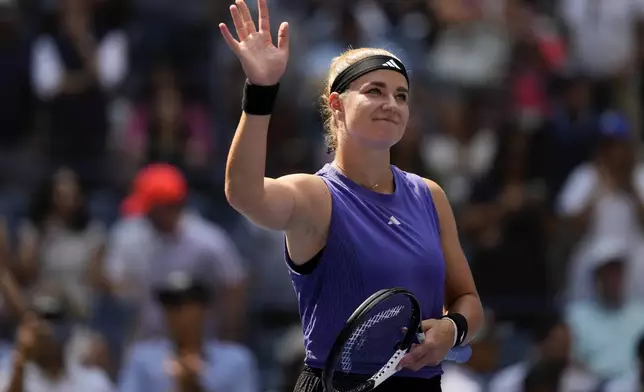 Karolina Muchova, of the Czech Republic, reacts after defeating Beatriz Haddad Maia, of Brazil, during the quarterfinals of the U.S. Open tennis championships, Wednesday, Sept. 4, 2024, in New York. (AP Photo/Kirsty Wigglesworth)