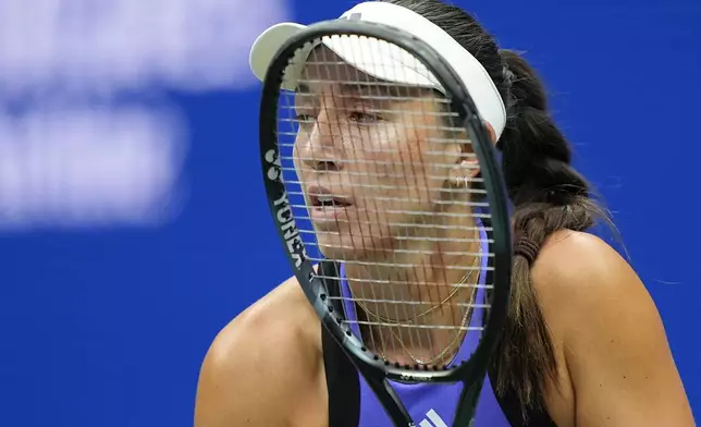 Jessica Pegula, of the United States, prepares for a serve from Jessica Bouzas Maneiro, of Spain, during the third round of the U.S. Open tennis championships, Saturday, Aug. 31, 2024, in New York. (AP Photo/Julia Nikhinson)