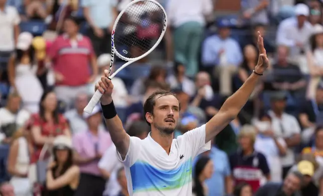 Daniil Medvedev, of Russia, celebrates winning a match against Nuno Borges, of Portugal, in the fourth round of the U.S. Open tennis championships, Monday, Sept. 2, 2024, in New York. (AP Photo/Kirsty Wigglesworth)