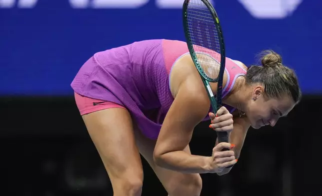 Aryna Sabalenka, of Belarus, reacts in the first set against Jessica Pegula, of the United States, during the women's singles final of the U.S. Open tennis championships, Saturday, Sept. 7, 2024, in New York. (AP Photo/Julia Nikhinson)